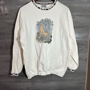 VTG‎ Grandma Sweater Size Large Northern Reflections Leaves Birds Nature